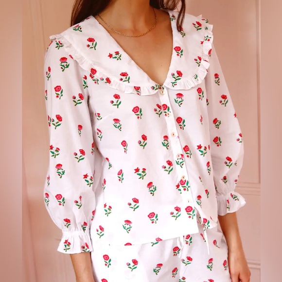 Pink City Prints Tops - Pink City Prints Scarlet Ditsy Joy Pyjama White and Pink Organic Cotton Top | S